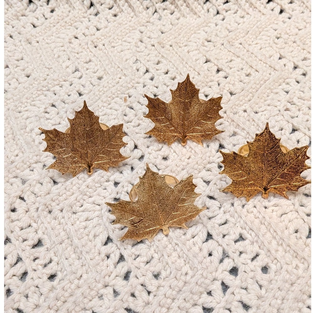 Vintage Gold Maple Leaf Napkin Rings Set 4 Autumn Thanksgiving Fall Table Decor